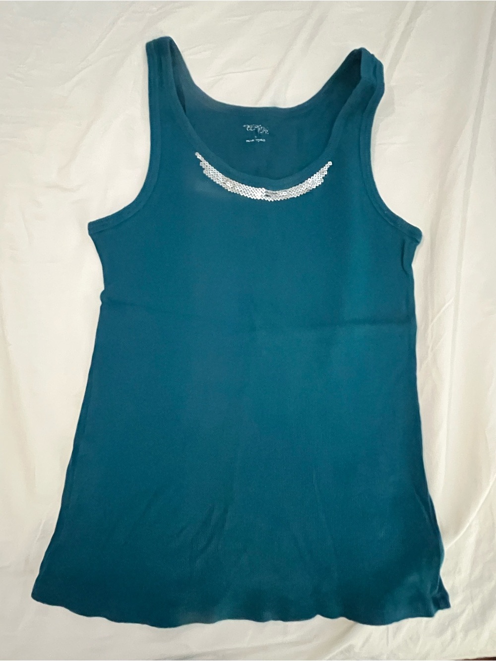 NY & Company Teal Scoop Neck Tank with Silver Sequin Trim